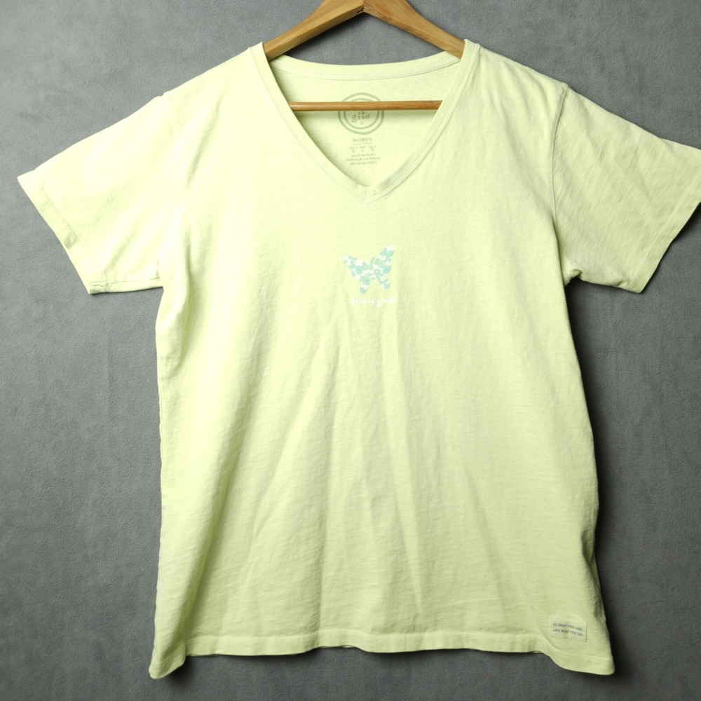 Life Is Good Top Womens L Yellow Tee Classic Fit Flower Butterfly